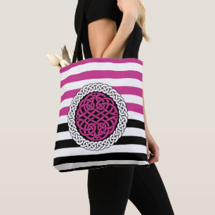 Tote Bag Île Celtic Blancs/noirs/roses rayés, noeud circula