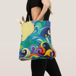 Tote Bag Illustration d'art en ligne de vagues de soleil co