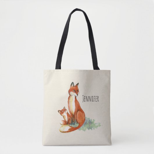 Tote Bag Illustration de l'aquarelle Momma Fox et Baby (Devant)
