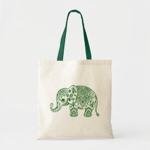 Tote Bag Illustration de l'éléphant floral Paisley vert mig