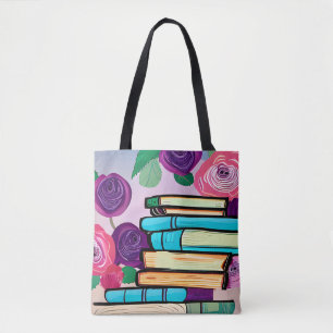 Tote Bag Illustration de livres et fleurs en art numérique