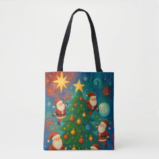 Tote Bag Illustration de Père Noël mignon et d'arbre de Noë