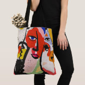 Tote Bag Illustration de visage rouge bleu jaune boho éclec (De près)