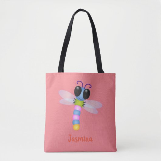 Tote Bag Illustration d'une libellule bleu et rose (Devant)