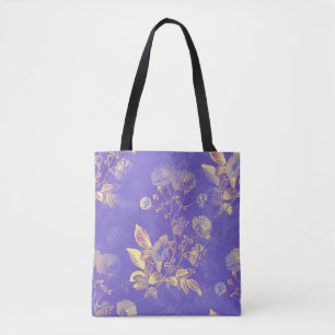 Tote Bag Illustration florale d'or bleu Vintage