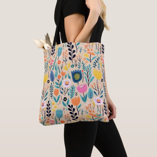 Tote Bag Illustration florale moderne d'art populaire simpl (De près)