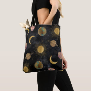 Tote Bag Illustration Gold Sun Moon Planètes Space