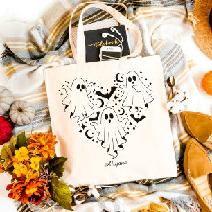 Tote Bag Illustration Halloween en forme de coeur Fantôme e