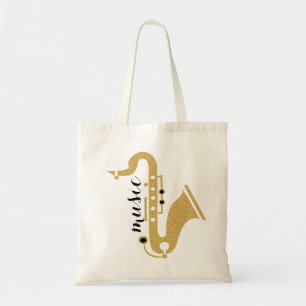 Tote Bag Illustration Saxophone En Parties scintillant D'Or