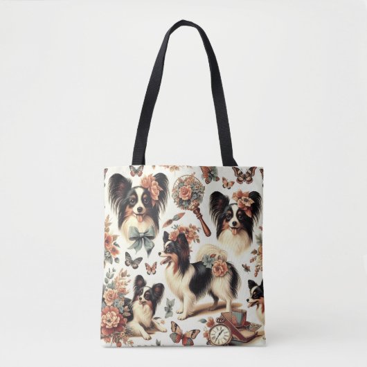 Tote Bag Illustration Vintage de chien Papillon (Devant)
