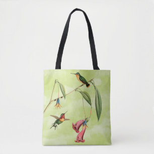 Tote Bag Illustration vintage de colibri sur le vert