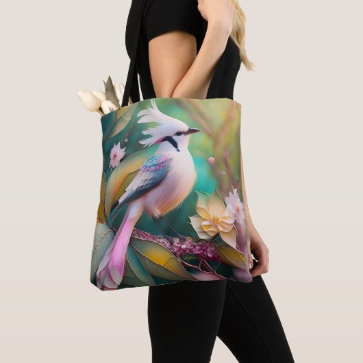 Tote Bag Imaginaire blanc crêpé à queue blanche Jay (De près)