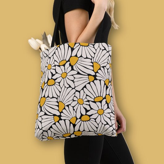 Tote Bag Impression de bloc jaune noir rétro floral