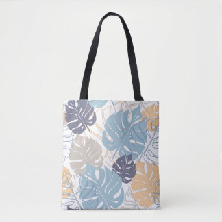 Tote Bag Impression de feuilles de monstera bleues et jaune