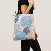 Tote Bag Impression de feuilles de monstera bleues et jaune (De près)