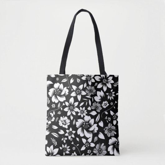 Tote Bag Impression de feuilles florales modernes noir et b (Devant)