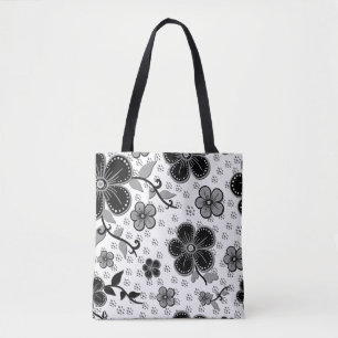 Tote Bag Impression florale noir et blanc