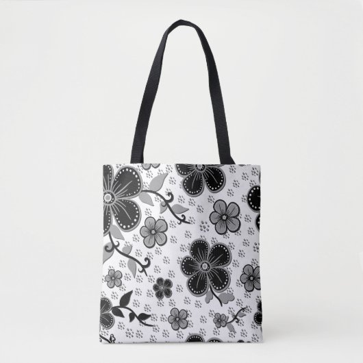 Tote Bag Impression florale noir et blanc (Devant)