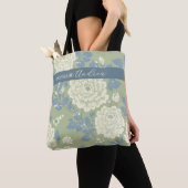 Tote Bag Imprimé bloc floral bleu vert avec rayure bleue (De près)