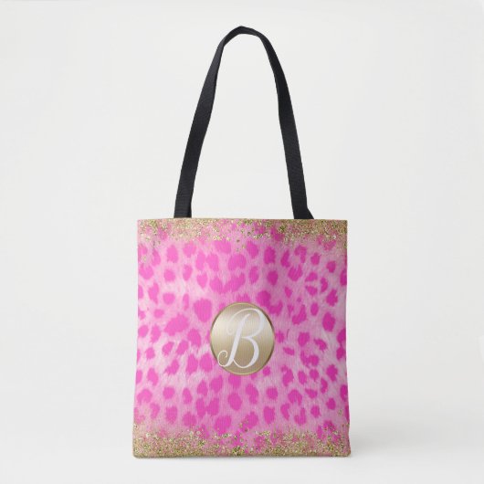 Tote Bag Imprimé guépard léopard rose pailleté or monogramm (Devant)