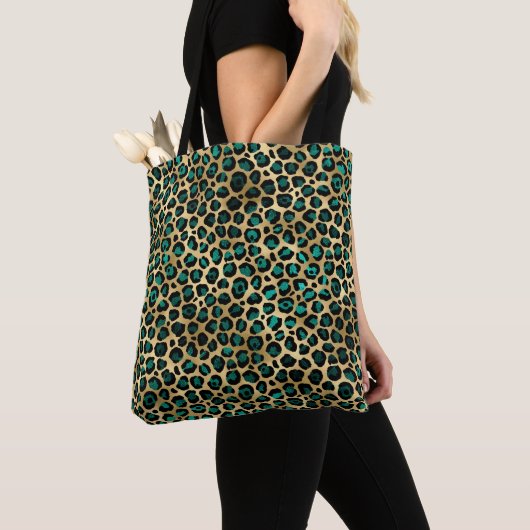 Tote Bag Imprimé léopard glamour or et sarcelle (De près)