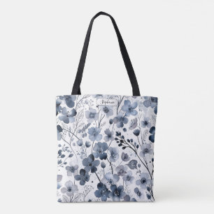 Tote Bag Indigo Bleu Floral Delicat Personnalisé