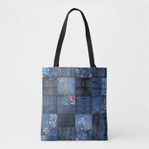 Tote Bag Indigo Floral Patchwork Motif Boho Denim