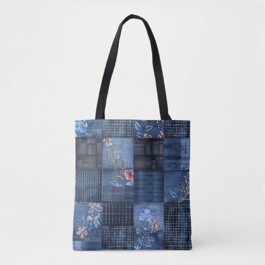 Tote Bag Indigo Floral Patchwork Motif | Boho Denim (Devant)