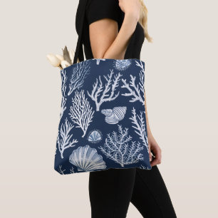 Tote Bag Indigo Nuit Bleu Vintage Corail et Coquillages Côt