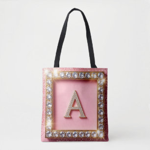 Tote Bag Initiale A Diamant Cadre Doré Paillettes Roses Mon