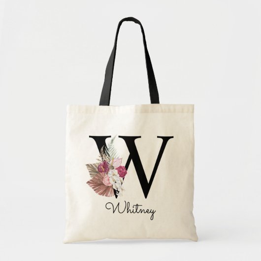 Tote Bag Initiale brodée W Rose Boho Floral Féminin (Devant)
