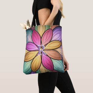Tote Bag Initiale de monogramme floral en vitrail élégant