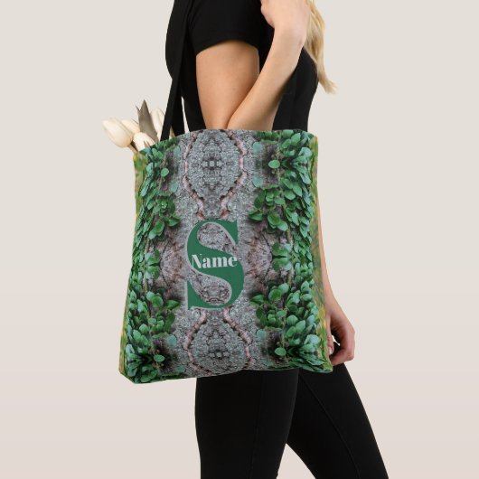 Tote Bag Initiale de monogramme personnalisé avec feuilles (De près)