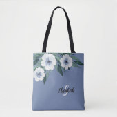 Tote Bag Initiale de nom monogramme fleuri bleu poussiéreux (Devant)