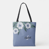 Tote Bag Initiale de nom monogramme fleuri bleu poussiéreux (Dos)