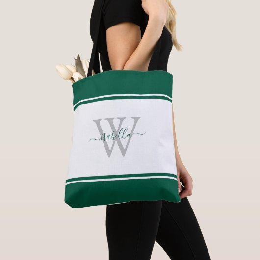 Tote Bag Initiale de script monogrammé vert émeraude (De près)