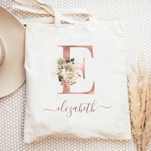 Tote Bag Initiale E Monogramme Doré Rose Ivoire Floral