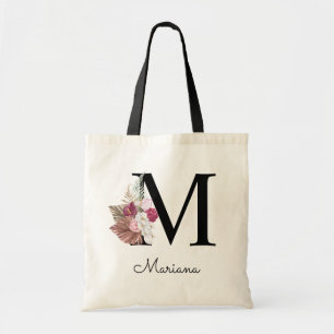 Tote Bag Initiale M brodée Monogramme Rose Bohème Florale