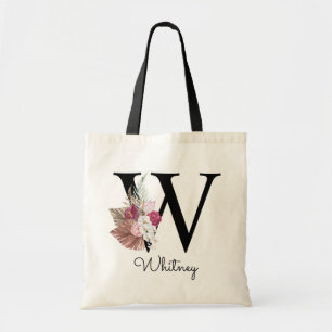 Tote Bag Initiale W Brodé Rose Bohème Féminin Floral