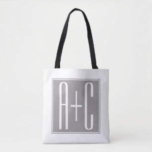 Tote Bag Initiales de couple modifiables Blanc et gris
