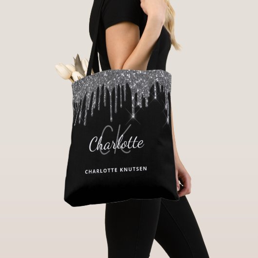 Tote Bag Initiales de monogramme en scintillement argent no (De près)