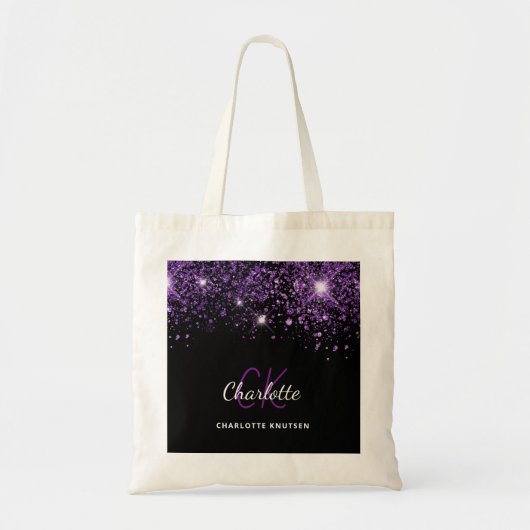 Tote Bag Initiales de monogramme scintillant violet noir (Devant)