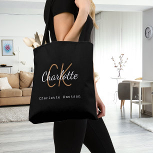 Tote Bag Initiales de nom de monogramme en or noir écriture