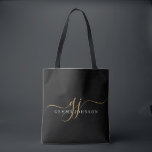 Tote Bag Initiales du Monogramme moderne Gold Script Noir<br><div class="desc">Un élégant sac fourre-tout de style moderne et minimaliste,  avec un nom sans serif et d'élégantes initiales en or swash sur le noir.</div>
