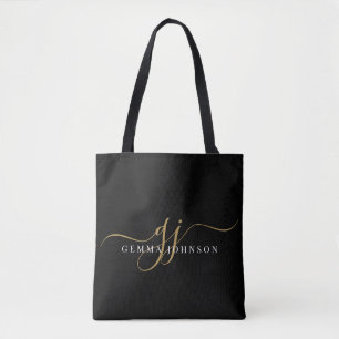Tote Bag Initiales du Monogramme moderne Gold Script Noir