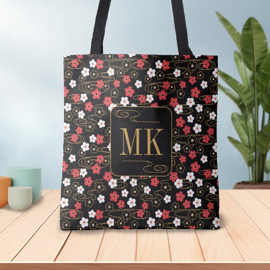 Tote Bag Initiales du monogramme noir Sakura en fleurs