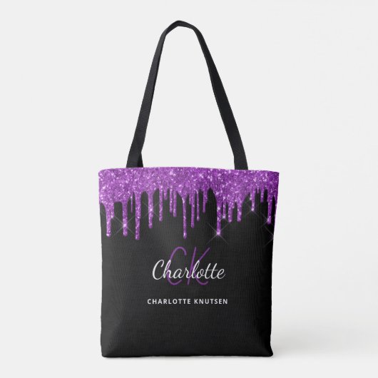 Tote Bag Initiales monogramme à gouttes de paillettes viole (Dos)