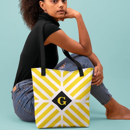 Tote Bag Initiales rayures jaunes modernes