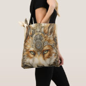 Tote Bag inspiration Solarpunk Red Wolf Steampunk (De près)
