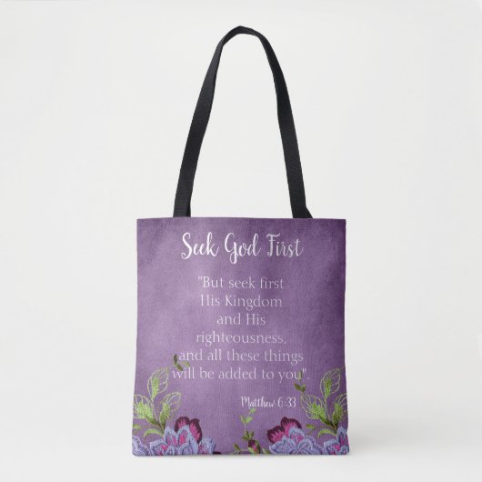 Tote Bag Inspirational Seek God First Purple Floral (Devant)